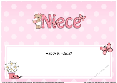 Large DL Happy Birthday NIECE insert with Livvy Bear