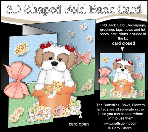 3D Shaped No-Hole Fold Back Card Kit - Flowerpot Friends - Little Cavachon Dog Button