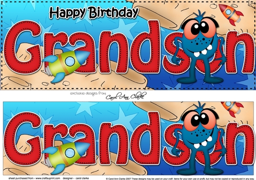 Large DL Happy Birthday GRANDSON 3D decoupage with cute Alien