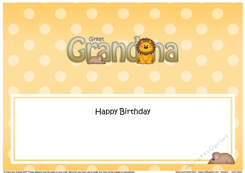 Large DL Happy Birthday GREAT GRANDMA insert with Cute Lion