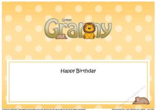 Large DL Happy Birthday GREAT GRANNY insert with Cute Lion