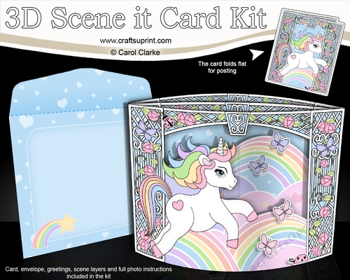 3D Triangle Shadow Box Scene it Card Kit - Cute Little Unicorn Rainbow 