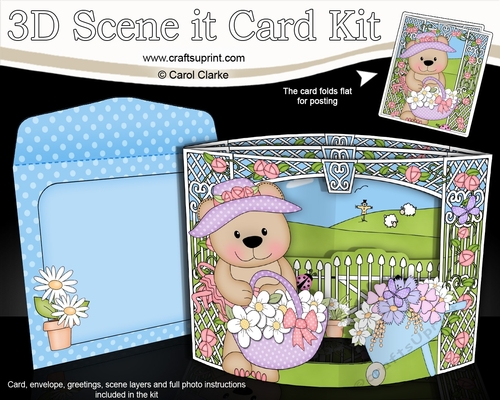 3D Triangle Shadow Box Scene it Card Kit - Livvy Bear has lots of Pretty Flowers