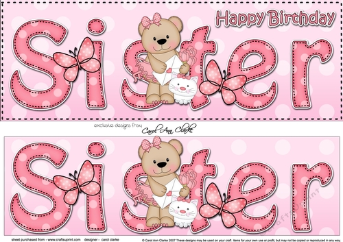 Large DL Happy Birthday SISTER 3D decoupage with Livvy Bear
