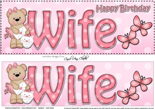 Large DL Happy Birthday WIFE 3D decoupage with Livvy Bear