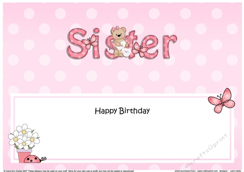 Large DL Happy Birthday SISTER insert with Livvy Bear