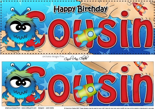 Large DL Happy Birthday COUSIN 3D decoupage with cute Alien