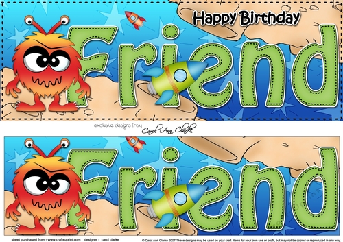 Large DL Happy Birthday FRIEND 3D decoupage with cute Alien