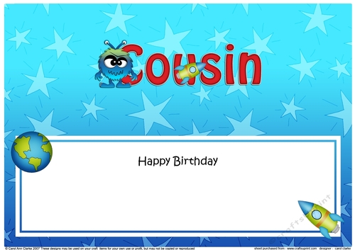 Large DL Happy Birthday COUSIN insert with cute Alien