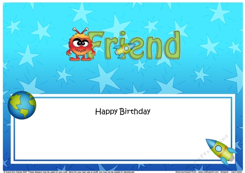 Large DL Happy Birthday FRIEND insert with cute Alien