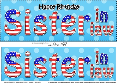 Large DL Happy Birthday SISTER IN LAW 3D decoupage USA Stars & Stripes