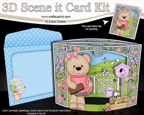 3D Triangle Shadow Box Scene it Card Kit - Livvy Bear takes a break in the Garden