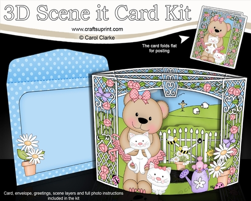 3D Triangle Shadow Box Scene it Card Kit - Livvy Bear plays with Kittens in the Garden