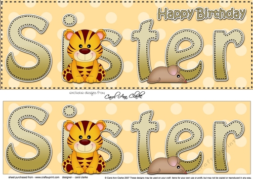 Large DL Happy Birthday SISTER 3D decoupage with Cute Little Tiger