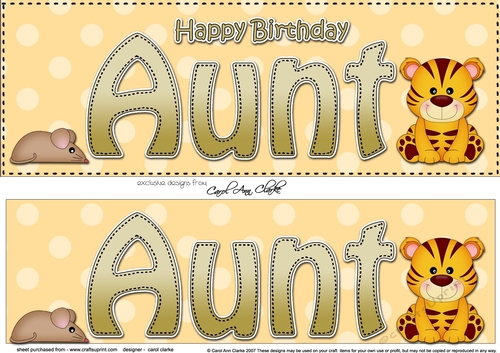 Large DL Happy Birthday AUNT 3D decoupage with Cute Little Tiger