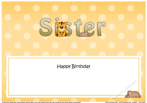 Large DL Happy Birthday SISTER insert with Cute Little Tiger