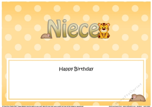 Large DL Happy Birthday NIECE insert with Cute Little Tiger