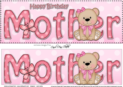 Large DL Happy Birthday MOTHER 3D decoupage with Livvy Bear
