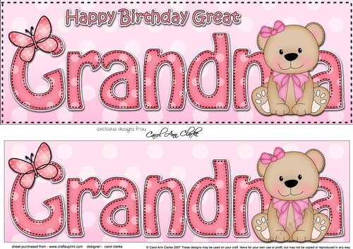 Large DL Happy Birthday GREAT GRANDMA 3D decoupage with Livvy Bear