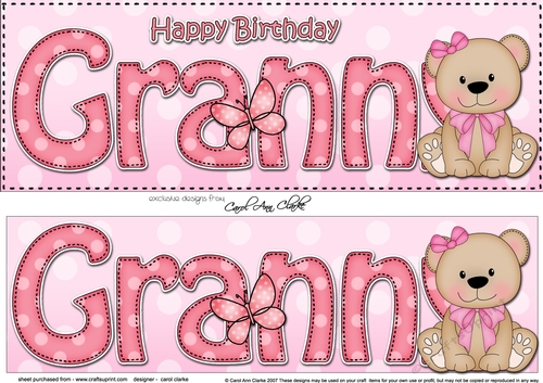 Large DL Happy Birthday GRANNY 3D decoupage with Livvy Bear