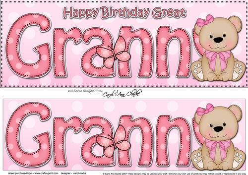 Large DL Happy Birthday GREAT GRANNY 3D decoupage with Livvy Bear