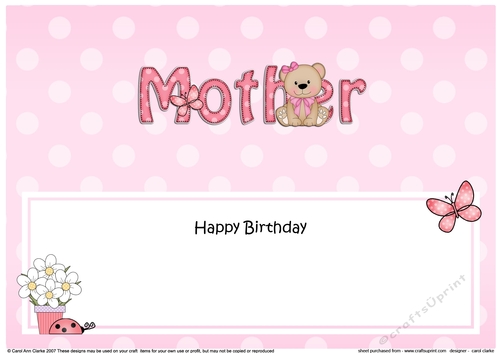 Large DL Happy Birthday MOTHER insert with Livvy Bear