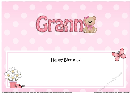 Large DL Happy Birthday GRANNY insert with Livvy Bear
