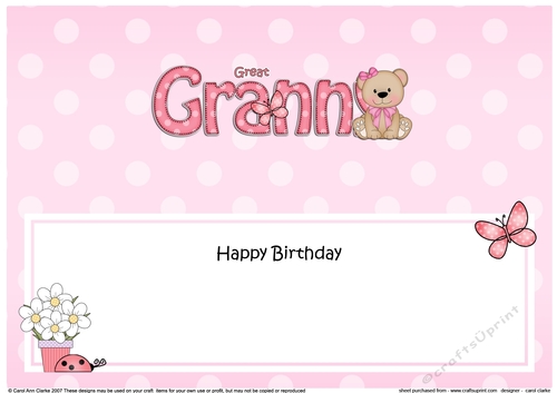 Large DL Happy Birthday GREAT GRANNY insert with Livvy Bear