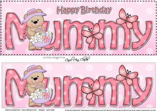Large DL Happy Birthday MUMMY 3D decoupage with Livvy Bear