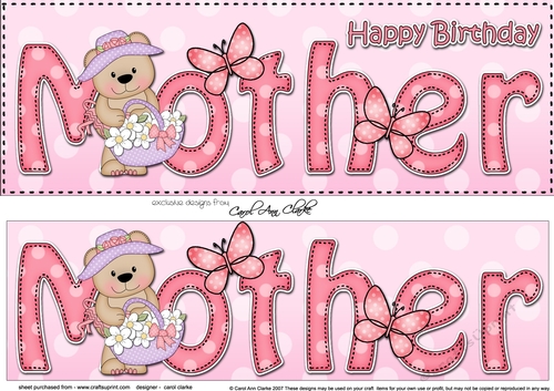 Large DL Happy Birthday MOTHER 3D decoupage with Livvy Bear