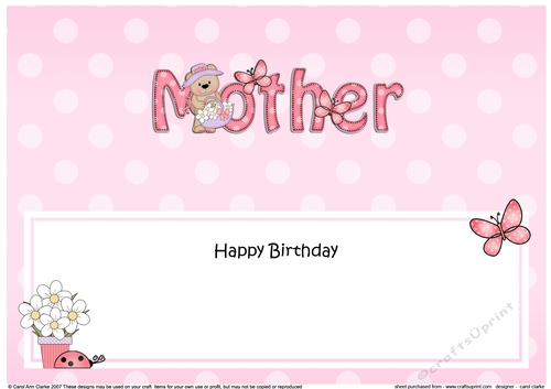 Large DL Happy Birthday MOTHER insert with Livvy Bear