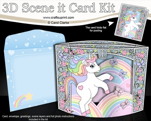 3D Triangle Shadow Box Scene it Card Kit - Cute Little Unicorn Rainbow 