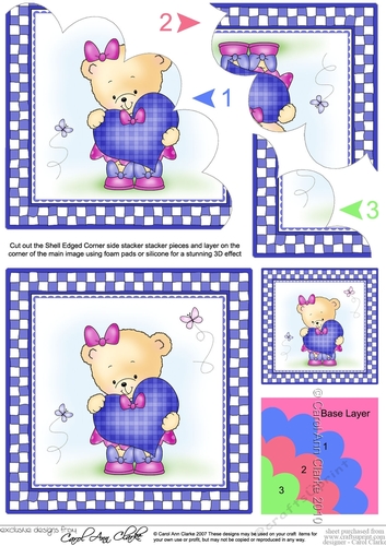 Cute Hunney Bear Rosie has a Love Heart - Shell Edged Corner side stacker