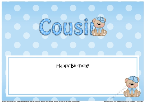 Large DL Happy Birthday COUSIN insert with Austin Bear