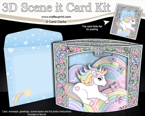 3D Triangle Shadow Box Scene it Card Kit - Cute Little Unicorn Rainbow 