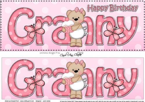 Large DL Happy Birthday GRANNY 3D decoupage with Livvy Bear