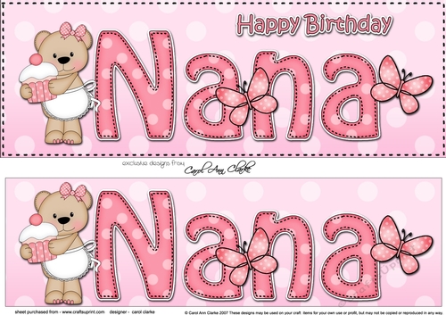 Large DL Happy Birthday NANA 3D decoupage with Livvy Bear