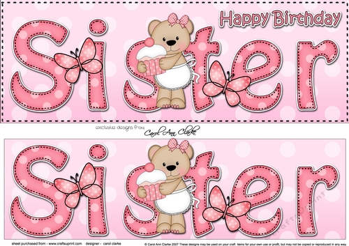 Large DL Happy Birthday SISTER 3D decoupage with Livvy Bear