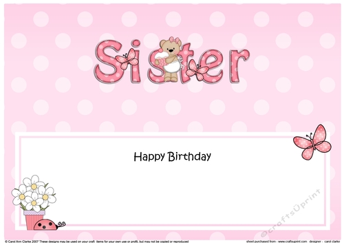Large DL Happy Birthday SISTER insert with Livvy Bear