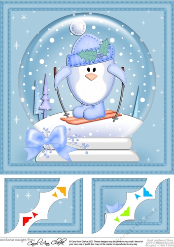 8 x 8 Christmas Penguin Snowglobe Scalloped Corner