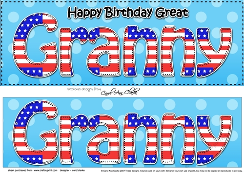 Large DL Happy Birthday GREAT GRANNY 3D decoupage USA Stars & Stripes