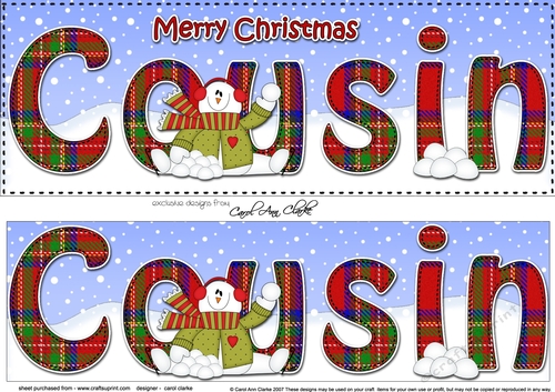 Large DL Merry Christmas COUSIN 3D decoupage with Snowman Rio 