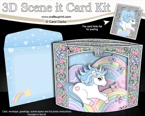 3D Triangle Shadow Box Scene it Card Kit - Cute Little Unicorn Blueberry