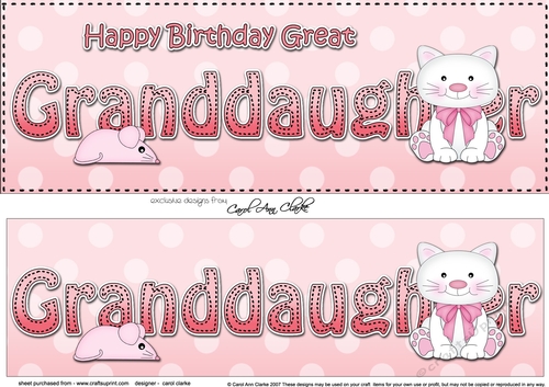Large DL Happy Birthday GREAT GRANDDAUGHTER 3D decoupage with Cute Cat