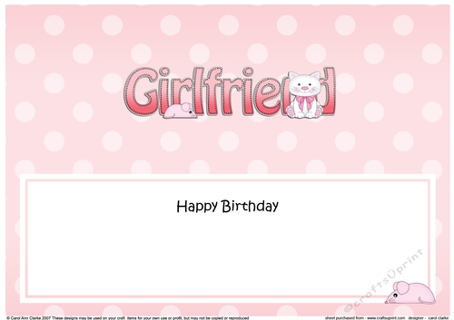 Large DL Happy Birthday GIRLFRIEND insert with Cute Cat