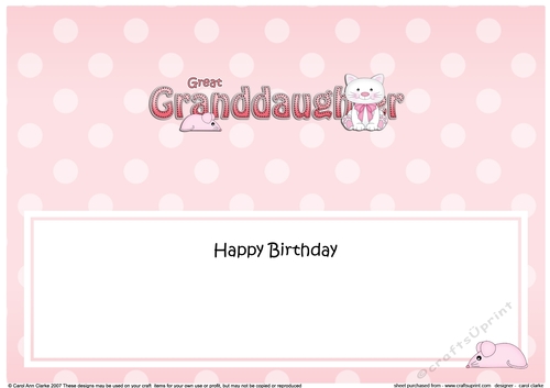 Large DL Happy Birthday GREAT GRANDDAUGHTER insert with Cute Cat