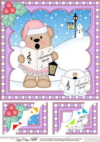 Christmas 8 x 8 Scalloped Corner Topper - Livvy Bear is Carol Singing