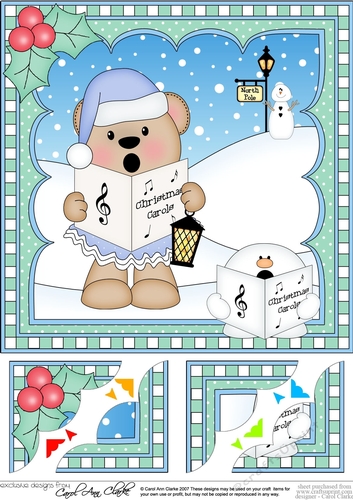 Christmas 8 x 8 Scalloped Corner Topper - Livvy Bear is Carol Singing