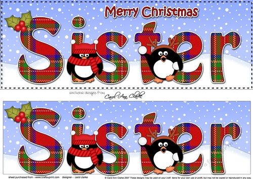 Large DL Merry Christmas SISTER 3D decoupage with Tartan Penguins
