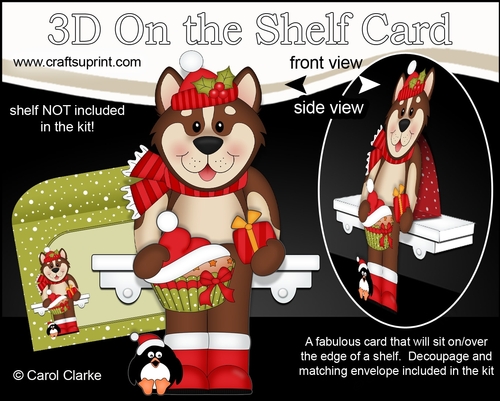 3D Christmas On the Shelf Card Kit - Cute Christmas Husky Dog Biscuit has a Festive Cupcake
